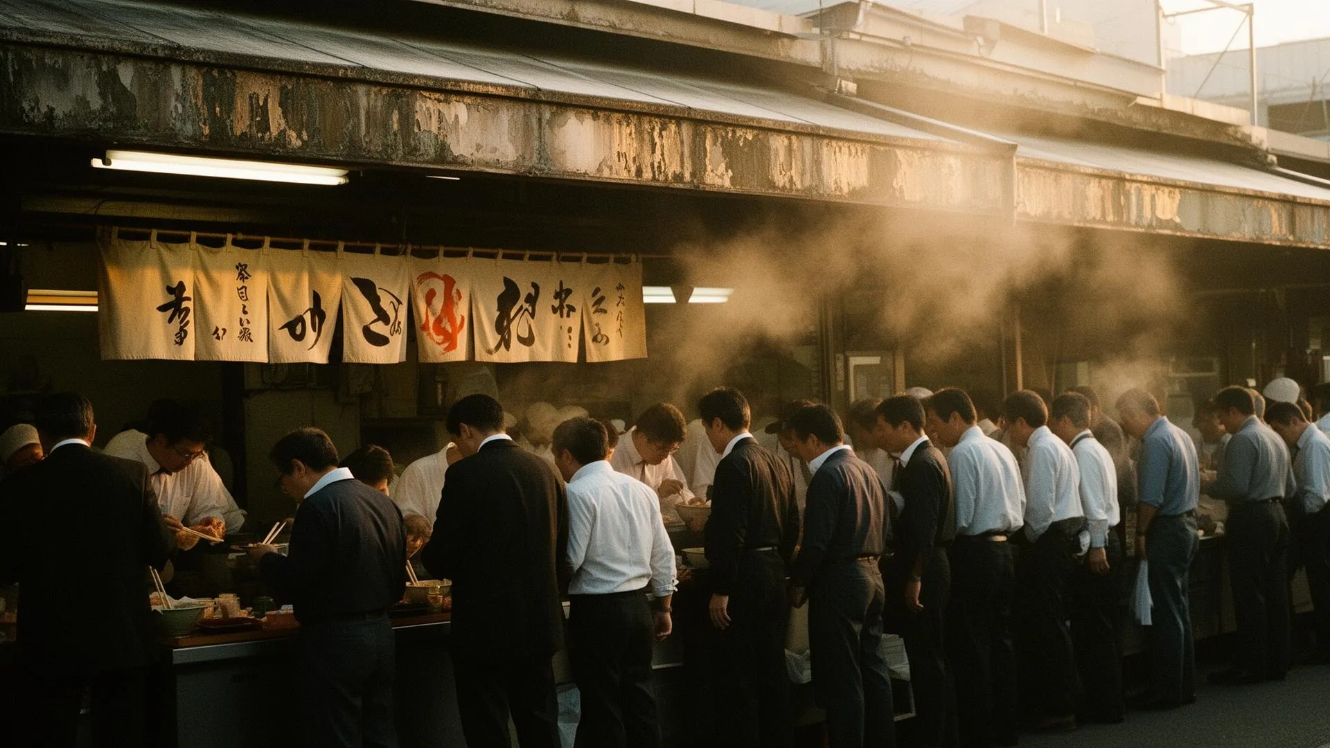 朝の市場、軒下で立ち食いする男たちの列（イメージ）